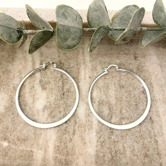 925 Sterling Silver Hoop Earrings Large Silver Hoops Modern Earrings - Picture 1 of 4